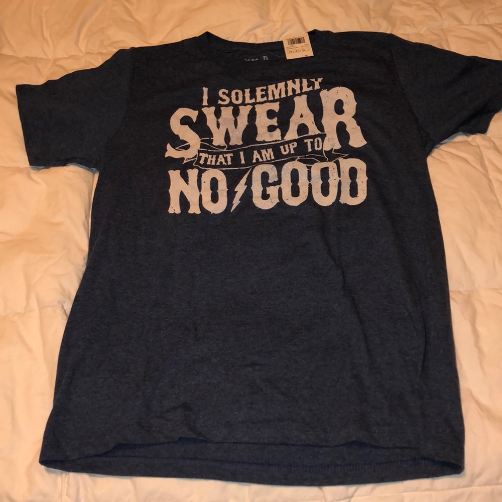 NEW WITH TAGS navy tee, “up to no good”.